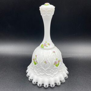 Fenton Spanish Silver Crest Ruffle Edge Bell Hand Painted Violets In Snow Signed